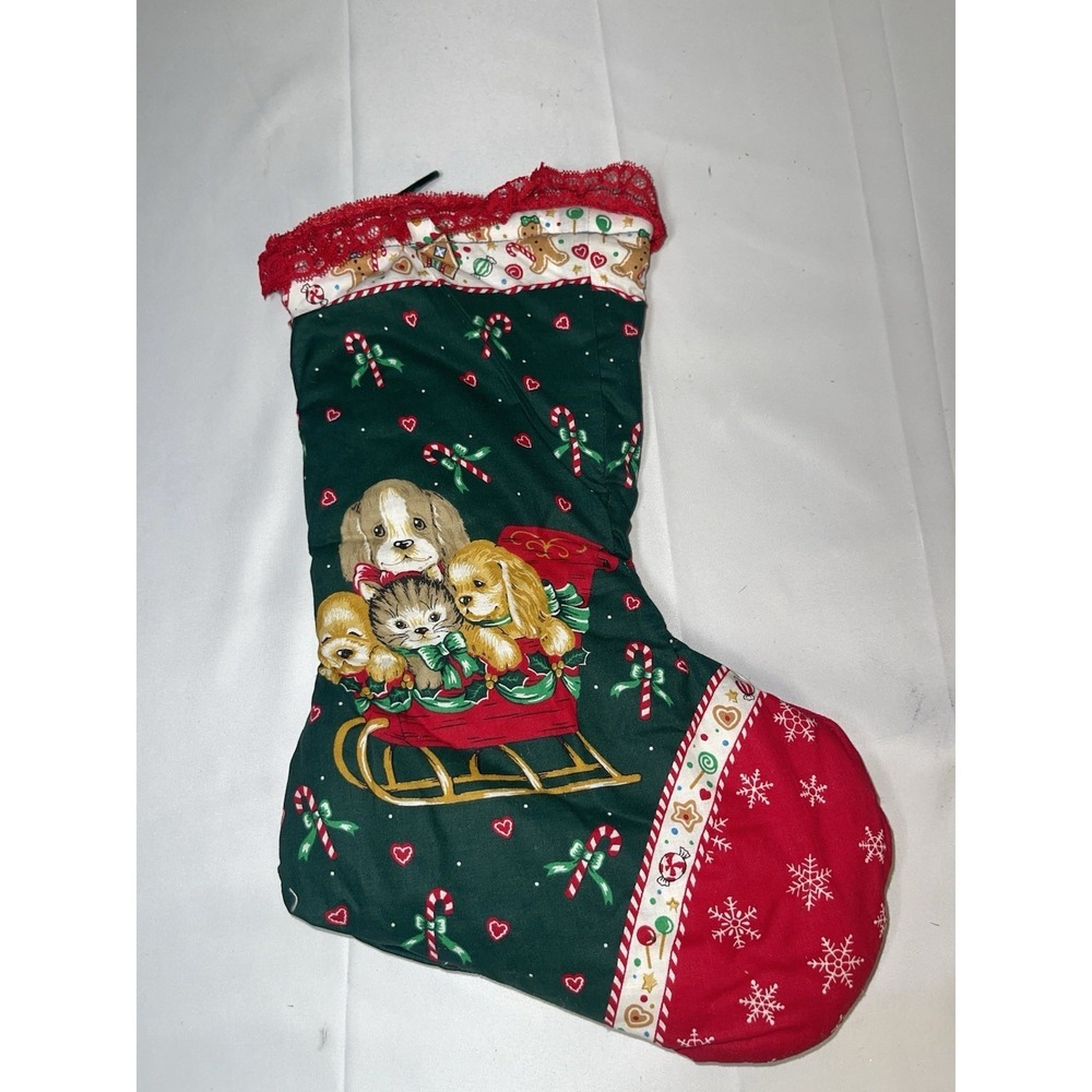 Handmade Quilted Santa Cat and Puppy Stocking 13"
